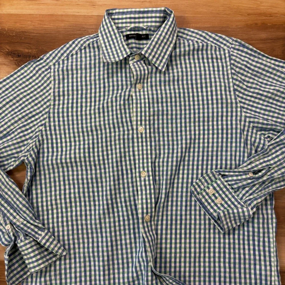 Banana Republic Button Up Shirt Large Gingham Linen Cotton Casual Green Blue